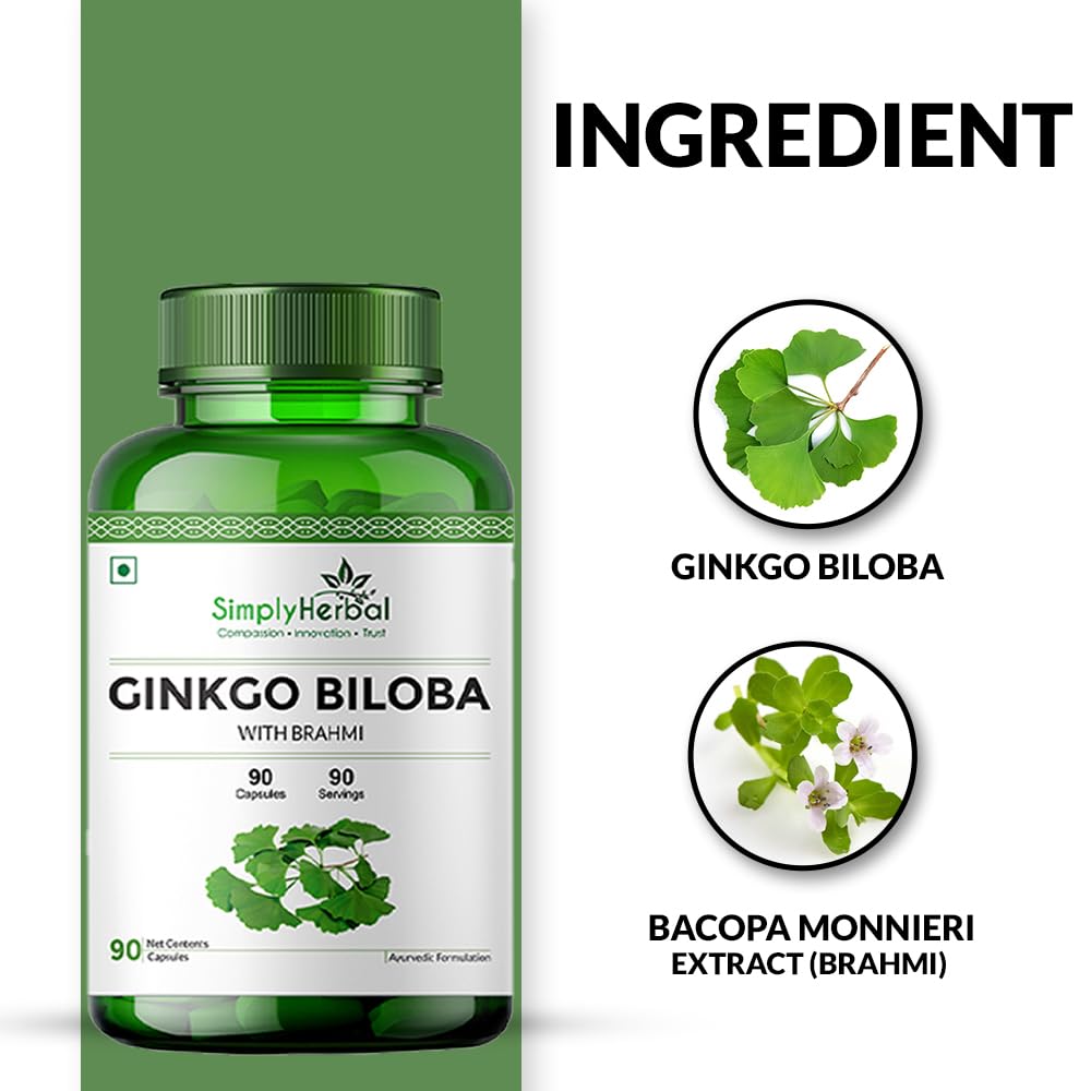 Simply Herbal Ginkgo Biloba 120mg | Bacopa Monnieri (Brahmi) 380mg | 90 Capsules