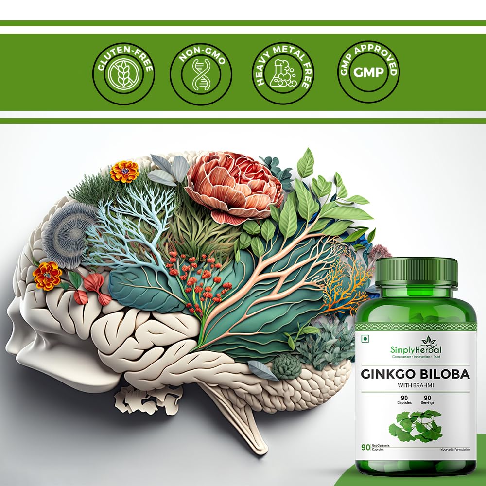 Simply Herbal Ginkgo Biloba 120mg | Bacopa Monnieri (Brahmi) 380mg | 90 Capsules