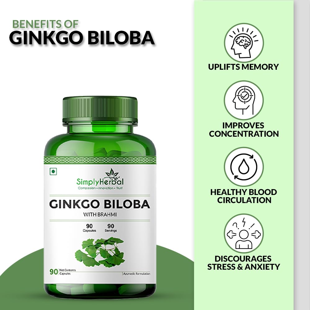 Simply Herbal Ginkgo Biloba 120mg | Bacopa Monnieri (Brahmi) 380mg | 90 Capsules