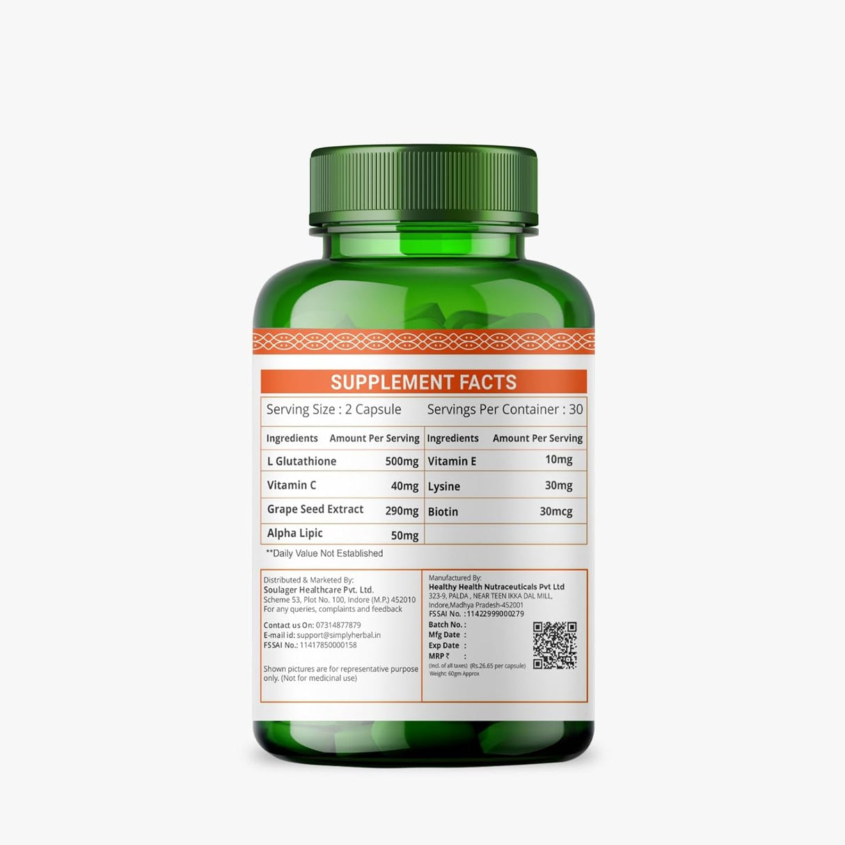 Simply Herbal Glutathione Capsules | Vitamins C & E, Grape Seed Extract | 60 Capsules
