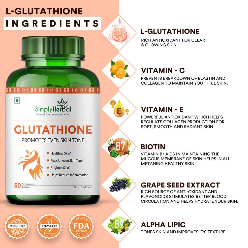 Simply Herbal Glutathione Capsules | Vitamins C & E, Grape Seed Extract | 60 Capsules
