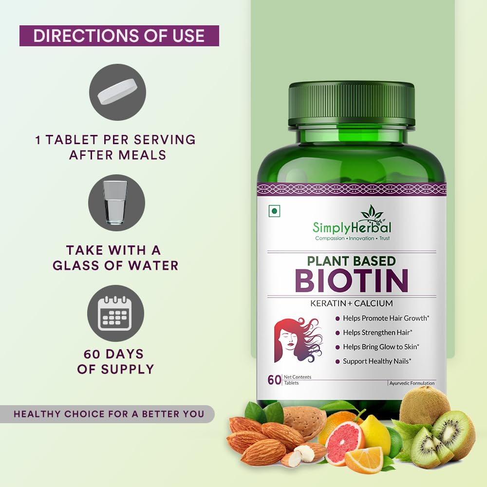Simply Herbal Plant-Based Biotin | Keratin, Calcium, Vitamin B7 & Bamboo Extract | 60 Tablets
