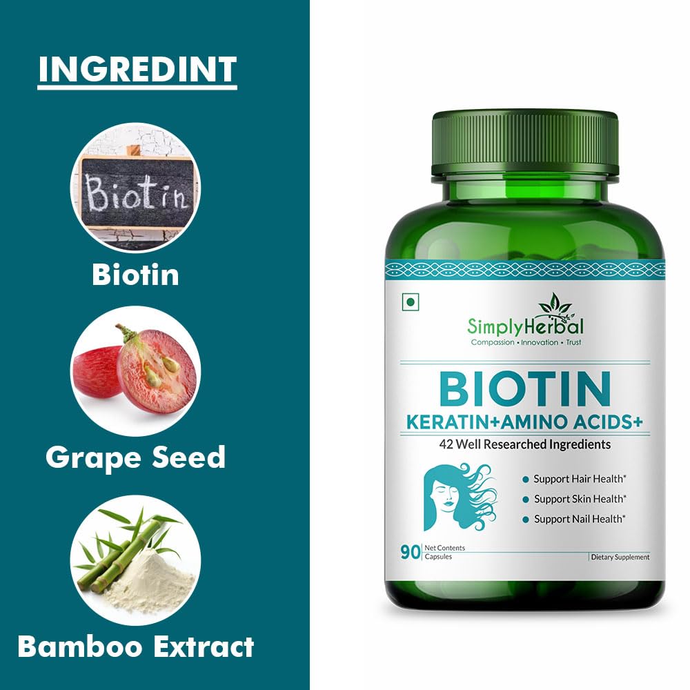 Simply Herbal Biotin Vitamin B7 Capsules | Keratin, Multivitamins & Amino Acids | 90 Capsules