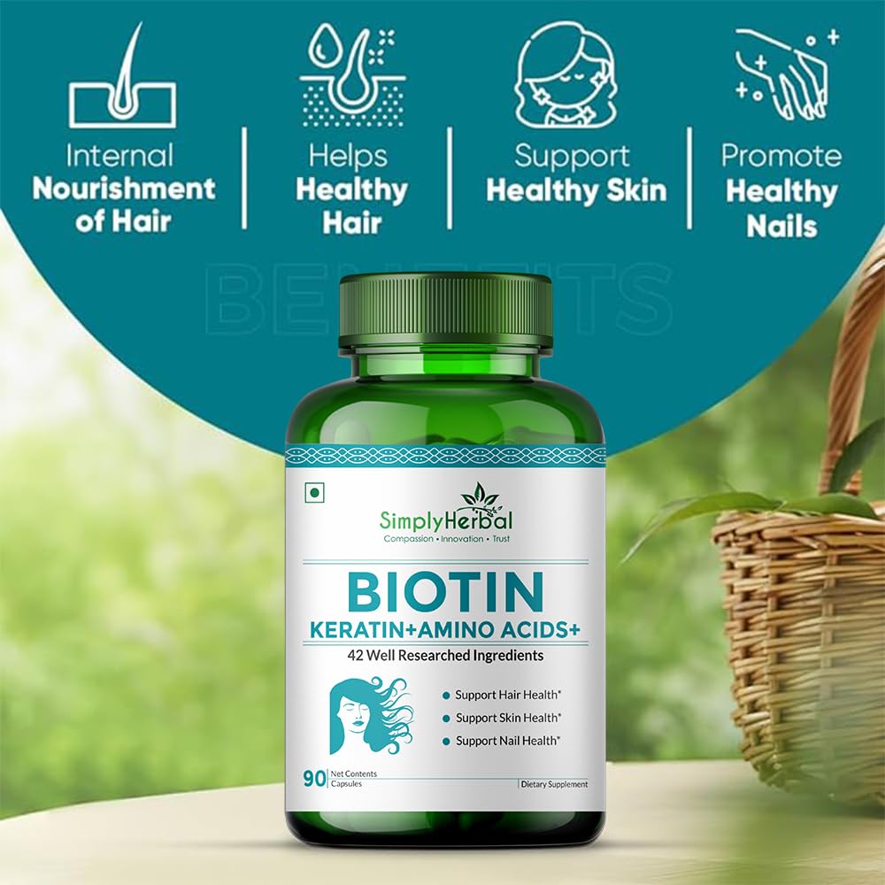 Simply Herbal Biotin Vitamin B7 Capsules | Keratin, Multivitamins & Amino Acids | 90 Capsules