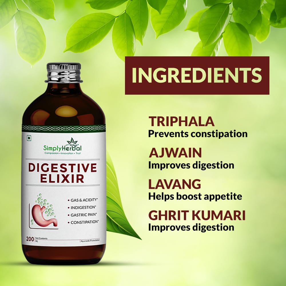 Simply Herbal Ayurvedic Digestive Elixir Syrup | 37 Digestive Enzymes | 200ml