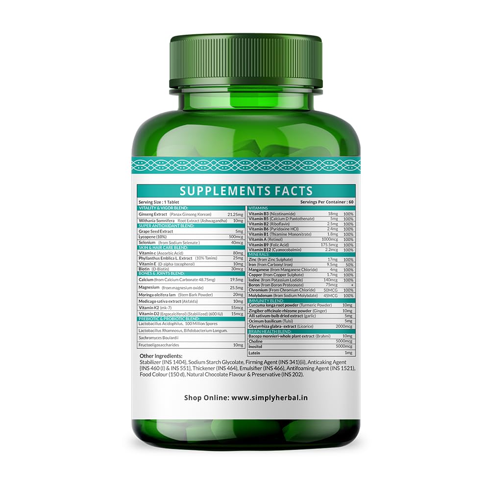 Simply Herbal Multivitamin | Probiotics & Ashwagandha | 60 Veg Tablets