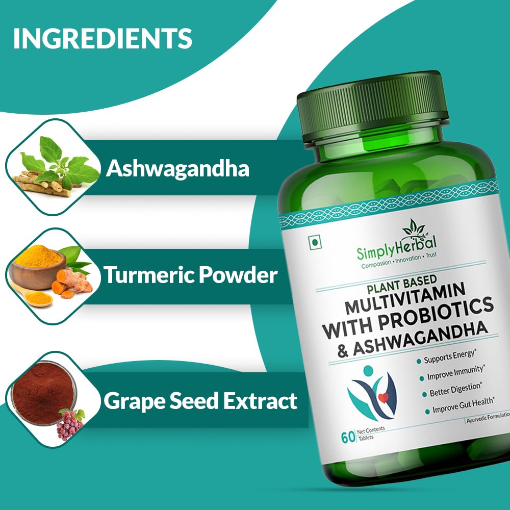Simply Herbal Multivitamin | Probiotics & Ashwagandha | 60 Veg Tablets
