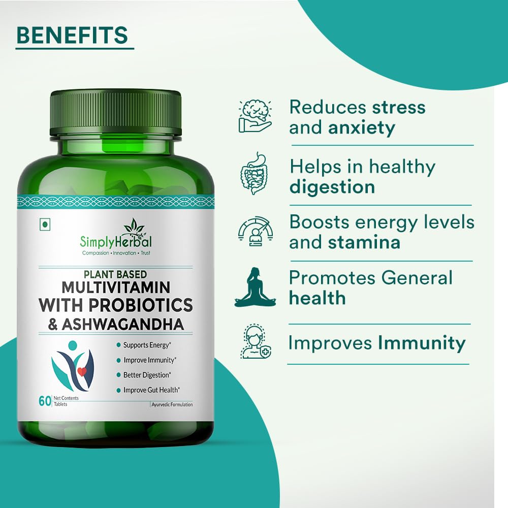 Simply Herbal Multivitamin | Probiotics & Ashwagandha | 60 Veg Tablets