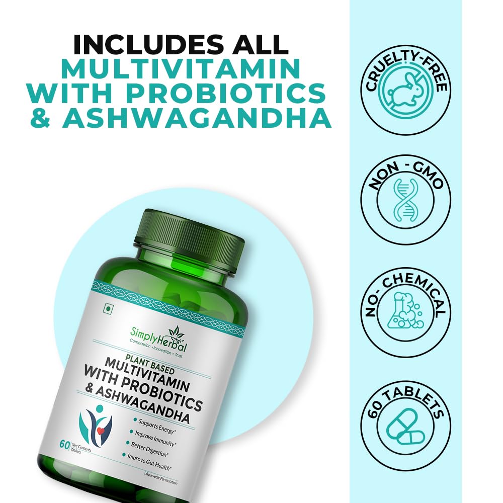 Simply Herbal Multivitamin | Probiotics & Ashwagandha | 60 Veg Tablets