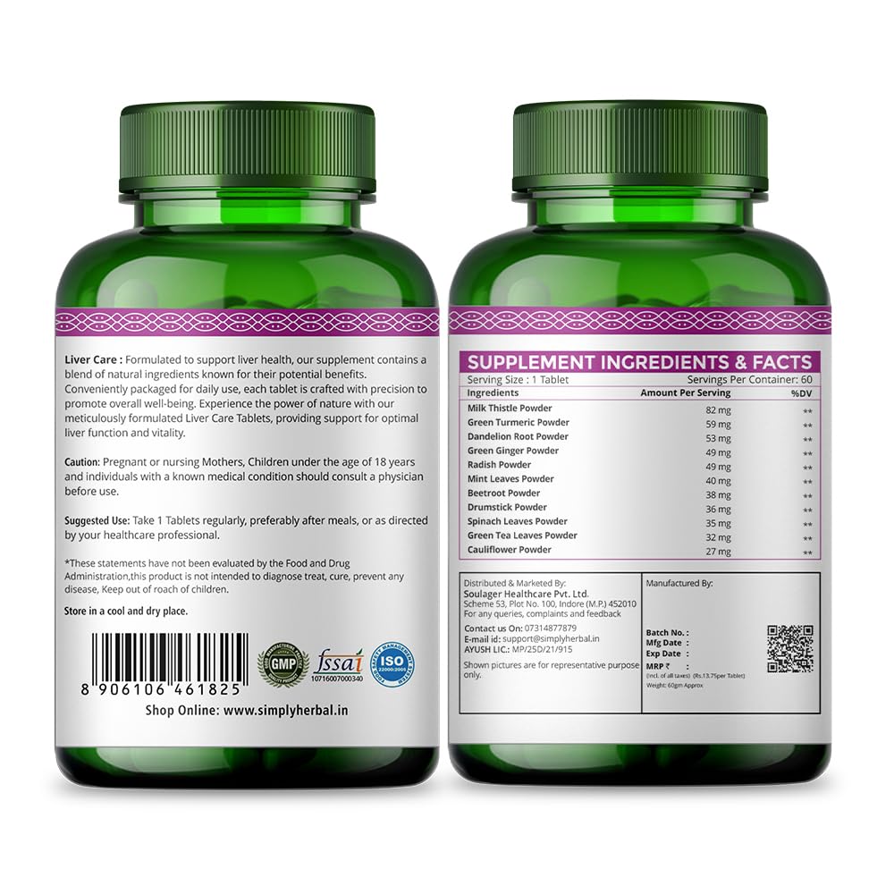 Simply Herbal Plant-Based Milk Thistle Extract | Dandelion, Drumstick & Green Turmeric | 60 Tablets