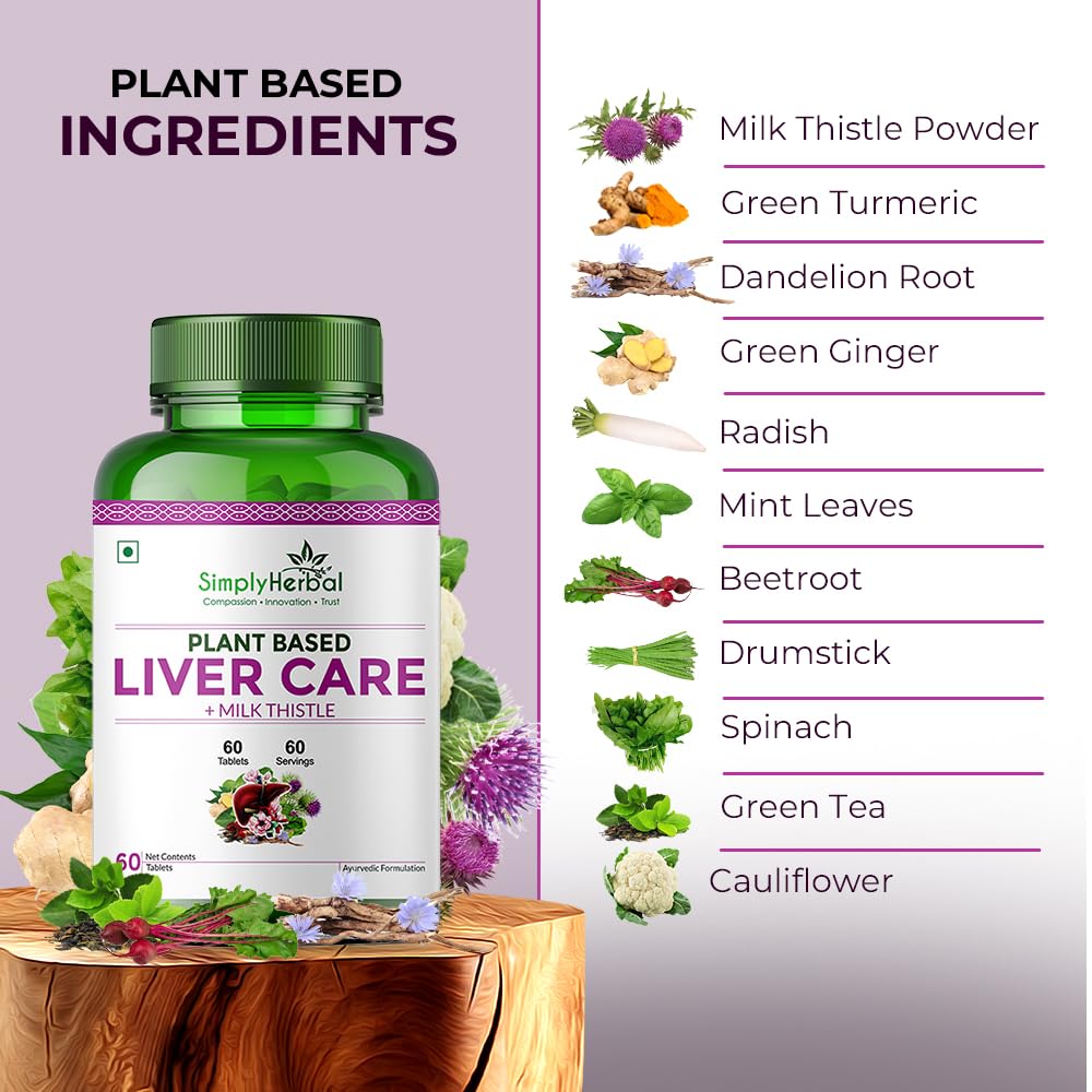 Simply Herbal Plant-Based Milk Thistle Extract | Dandelion, Drumstick & Green Turmeric | 60 Tablets
