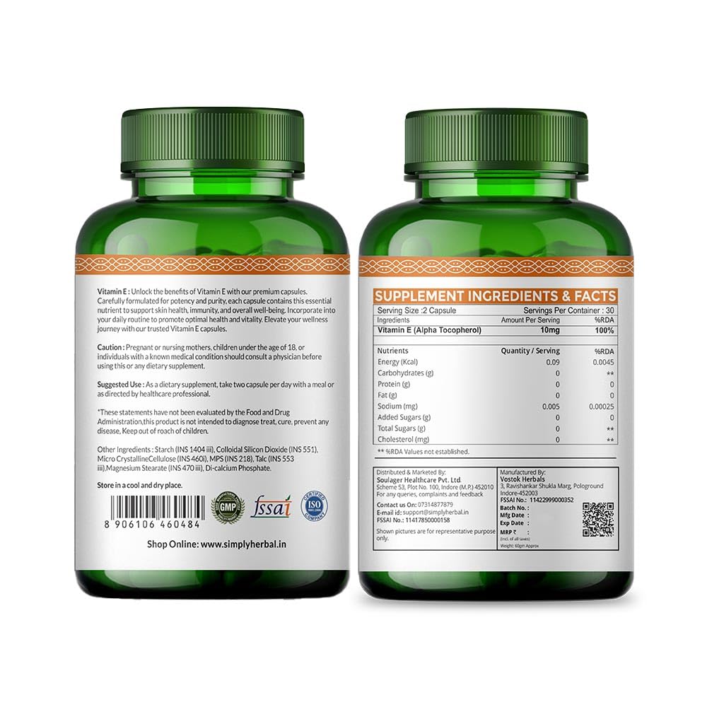 Simply Herbal Plant-Based Vitamin E | 10mg | 60 Capsules
