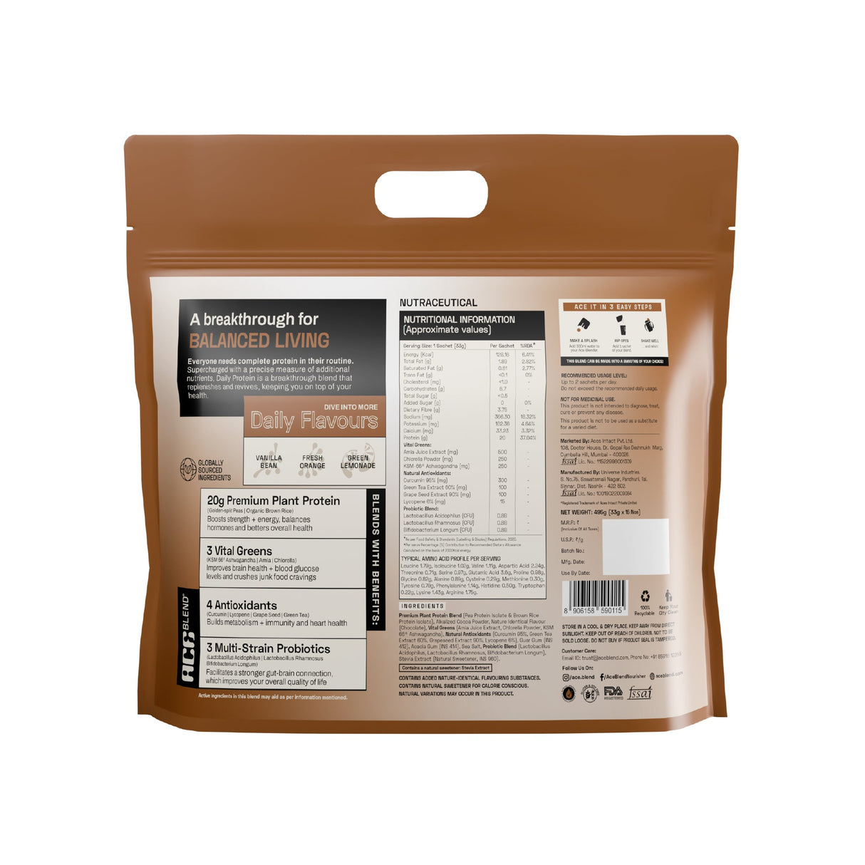 Ace Blend Daily 20G Plant Protein Strength & Recovery No Added Sugar - 15 Servings