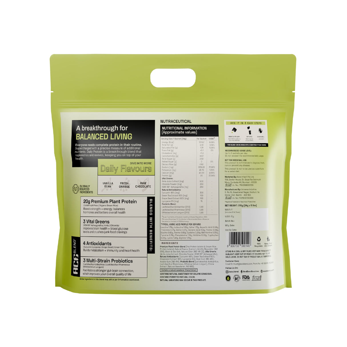 Ace Blend Daily 20G Plant Protein Strength & Recovery No Added Sugar - 15 Servings