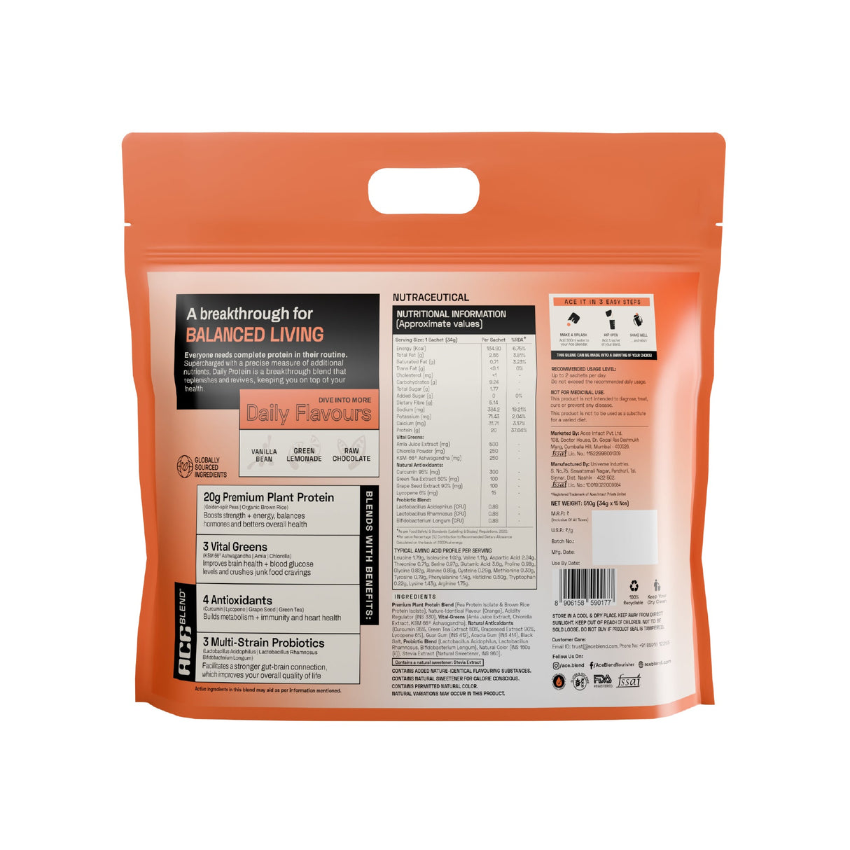 Ace Blend Daily 20G Plant Protein Strength & Recovery No Added Sugar - 15 Servings