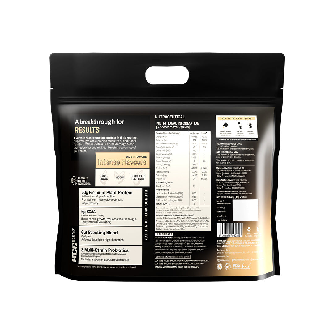 Ace Blend Intense 30G Plant Protein Muscle Growth & Recovery No Added Sugar - 15 Servings