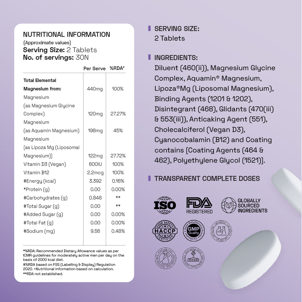 Ace Blend Max Magnesium 1600mg Triple Complex Calcium Vitamin B12 & D3 - 60 Servings
