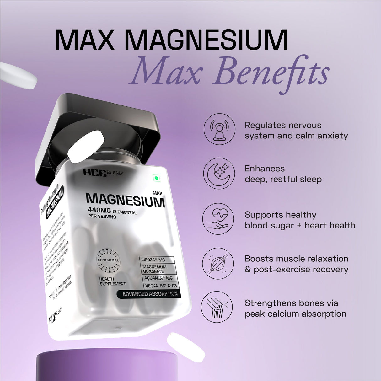 Ace Blend Max Magnesium 1600mg Triple Complex Calcium Vitamin B12 & D3 - 60 Servings