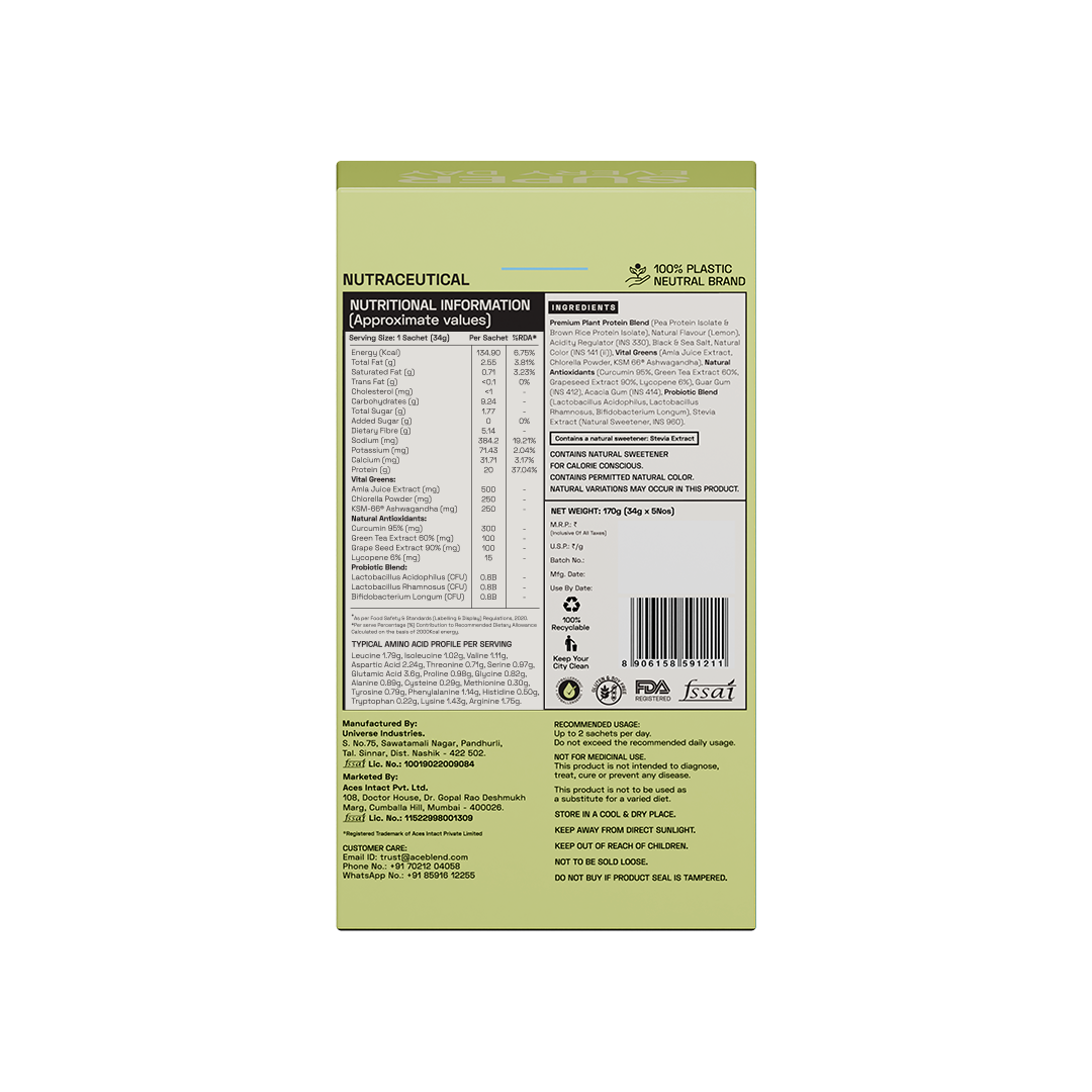 Ace Blend Daily 20G Plant Protein Strength & Recovery No Added Sugar - 5 Servings