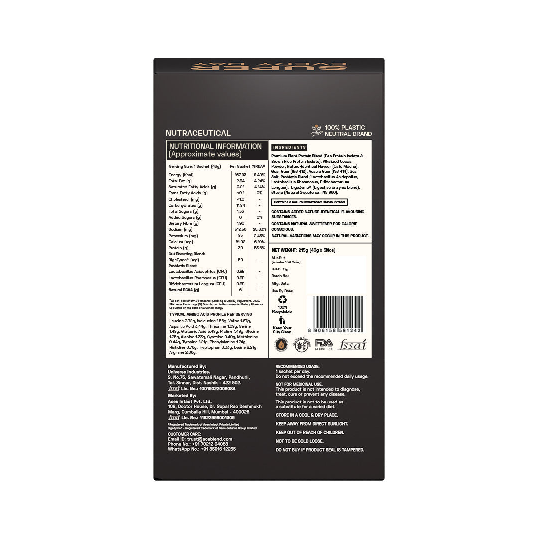Ace Blend Intense 30G Plant Protein Muscle Growth & Recovery No Added Sugar - 5 Servings