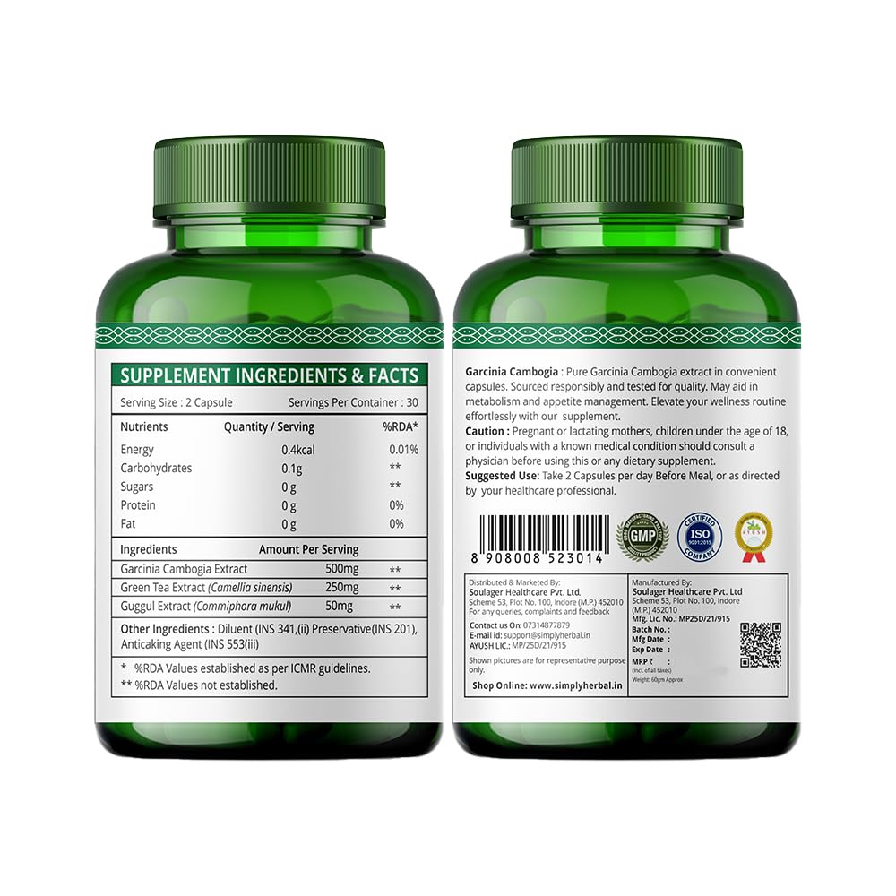 Simply Herbal Garcinia Cambogia 800mg | Green Tea & Guggul Extract | 60 Veg Capsules