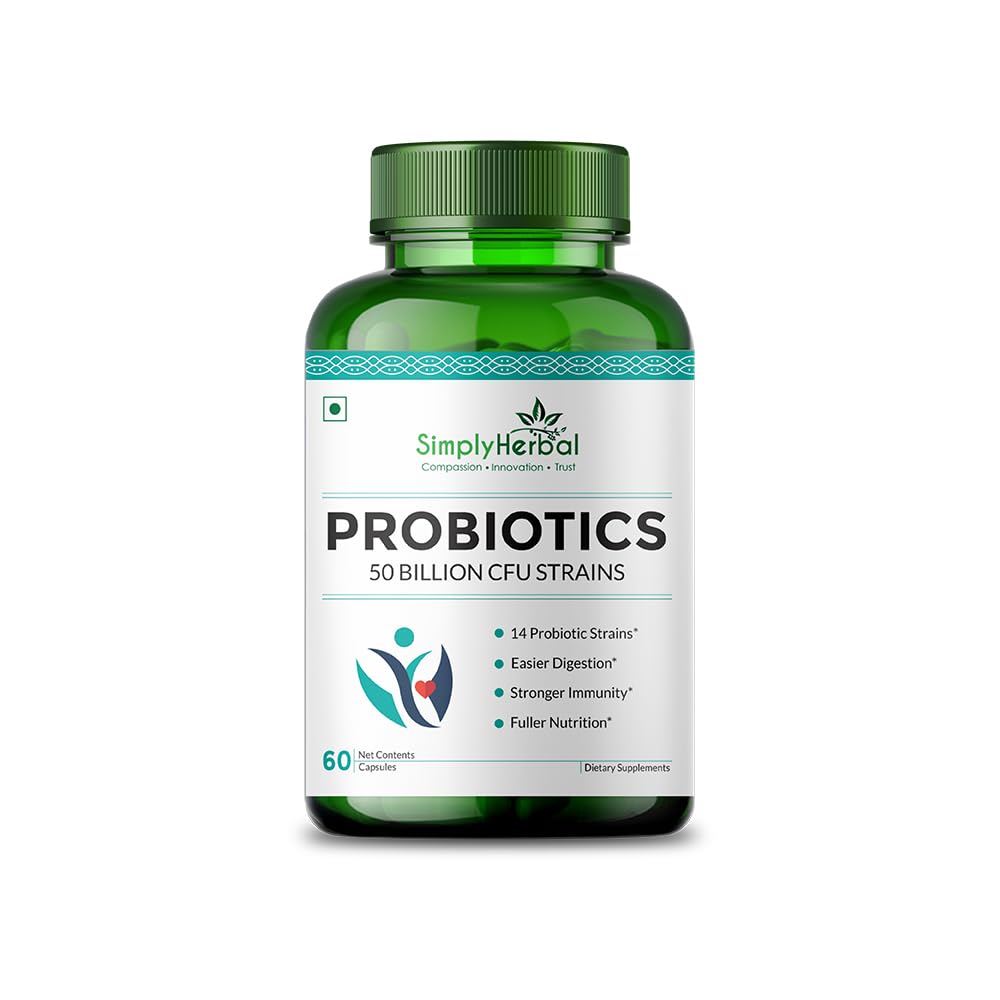 Simply Herbal Probiotics 50 Billion CFU | 14 Strains with Prebiotic | 60 Capsules