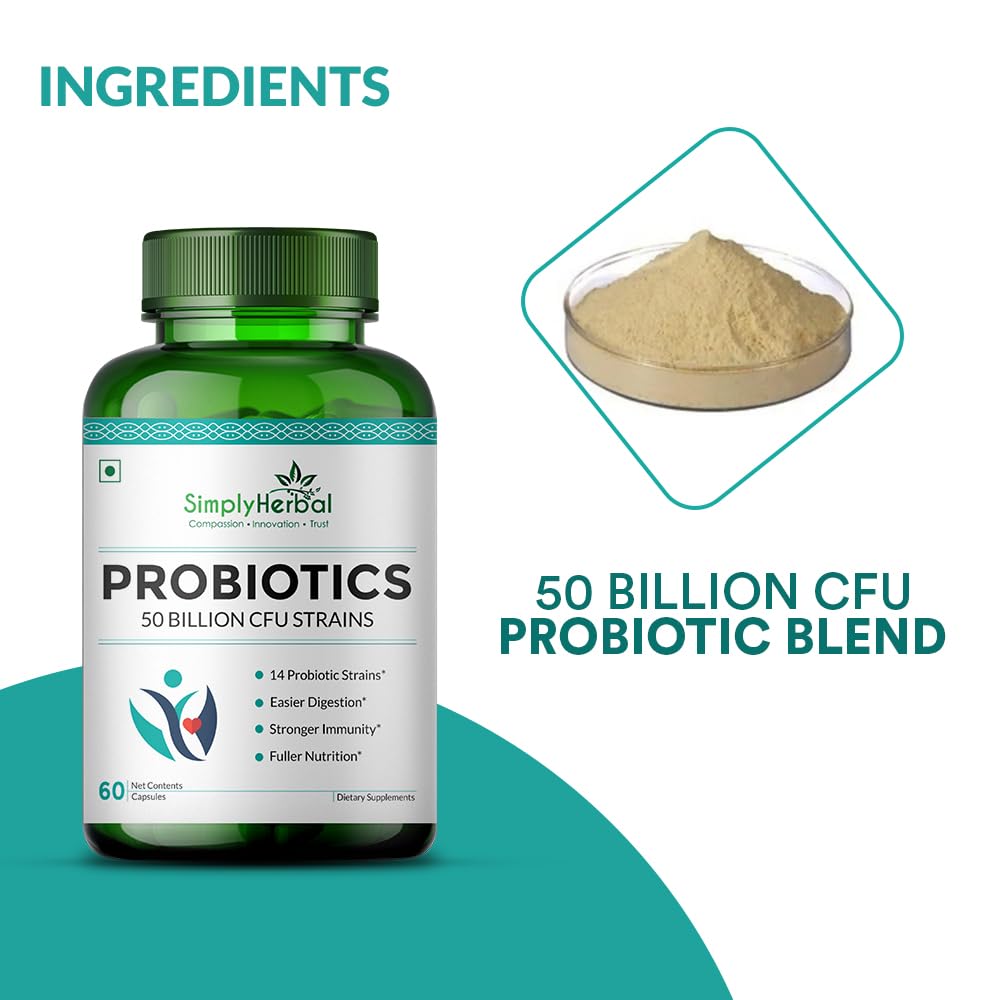 Simply Herbal Probiotics 50 Billion CFU | 14 Strains with Prebiotic | 60 Capsules