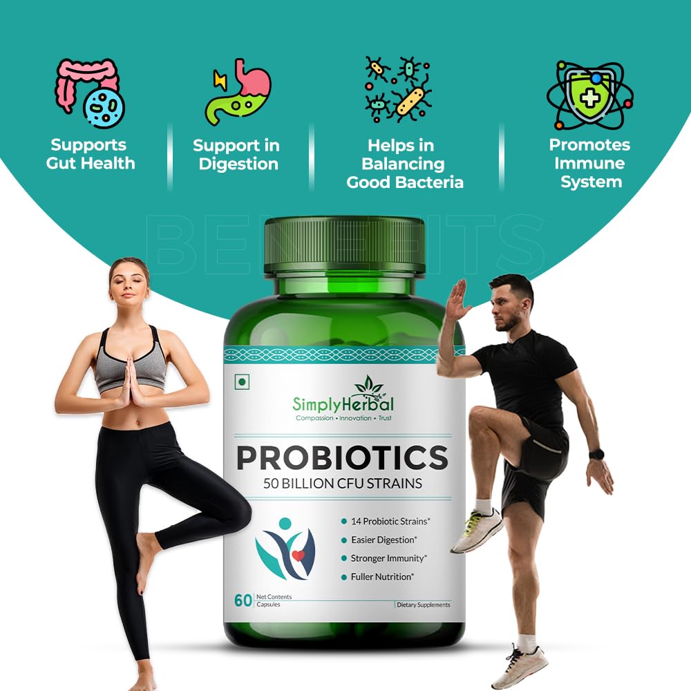 Simply Herbal Probiotics 50 Billion CFU | 14 Strains with Prebiotic | 60 Capsules