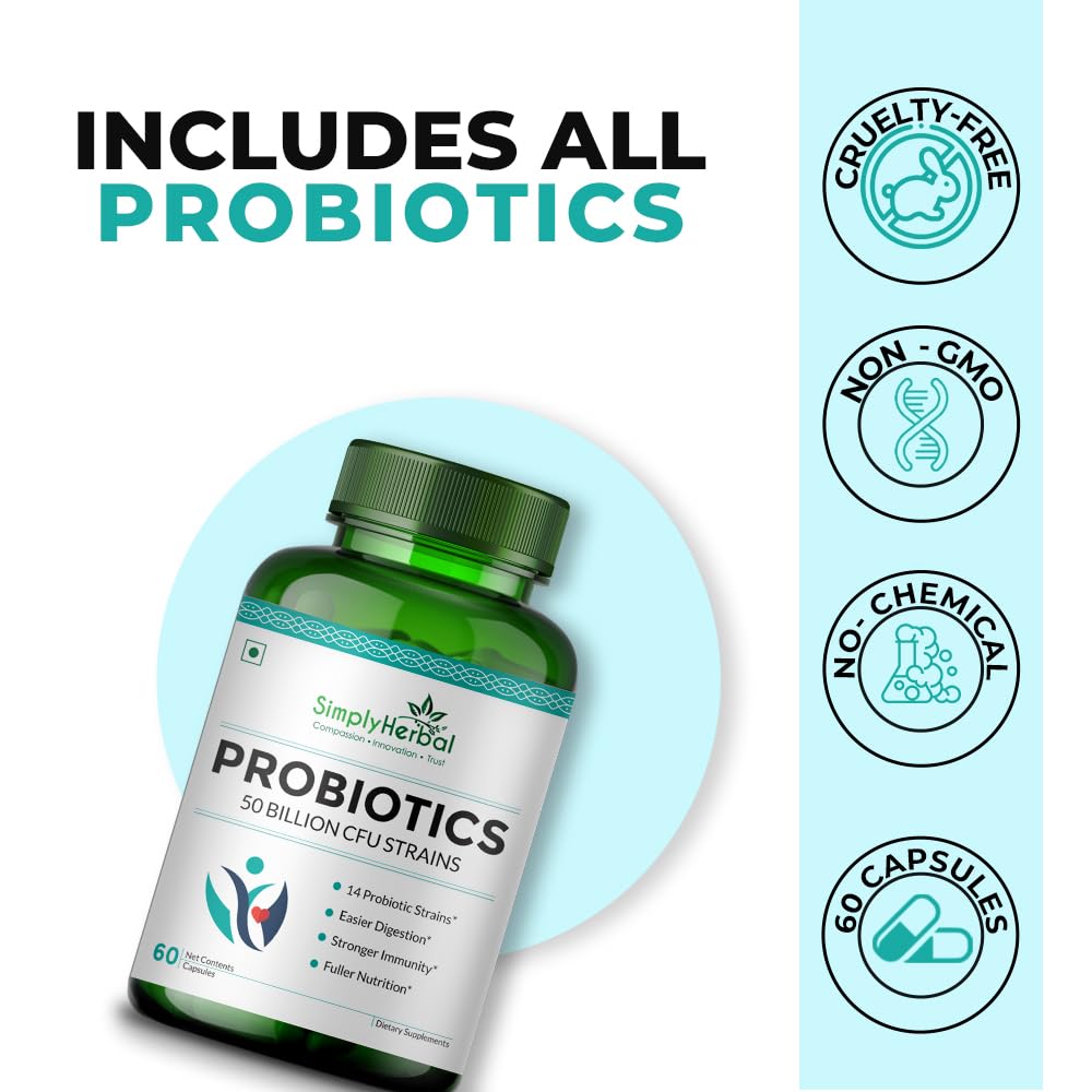 Simply Herbal Probiotics 50 Billion CFU | 14 Strains with Prebiotic | 60 Capsules