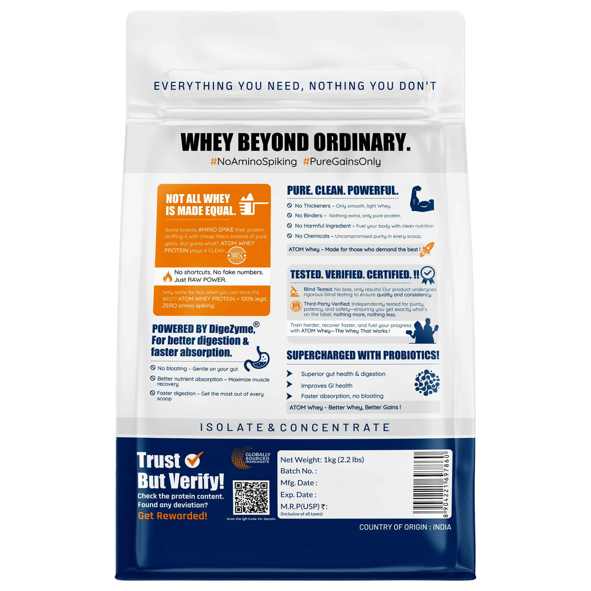 AS-IT-IS Atom Whey Protein with Digestive Enzymes - 2 kg (1 kg x 2) | Buy 2 + Get Atom Shaker Combo