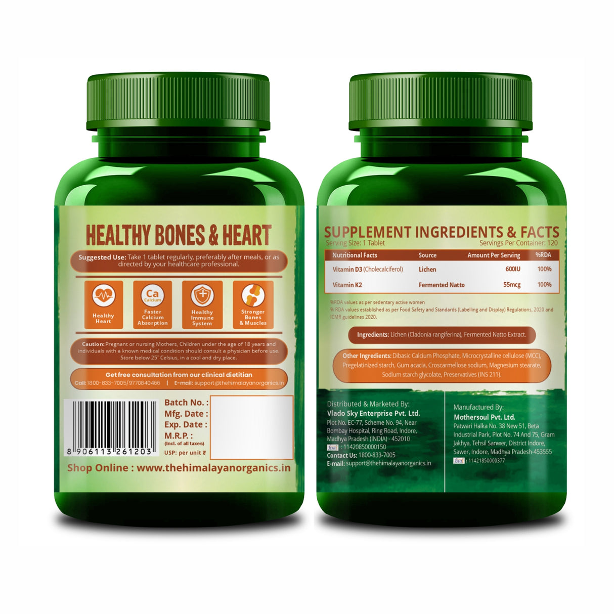 Vlado's Himalayan Organics, Vitamin D3 600IU K2 MK7 - 120 Veg Tablets