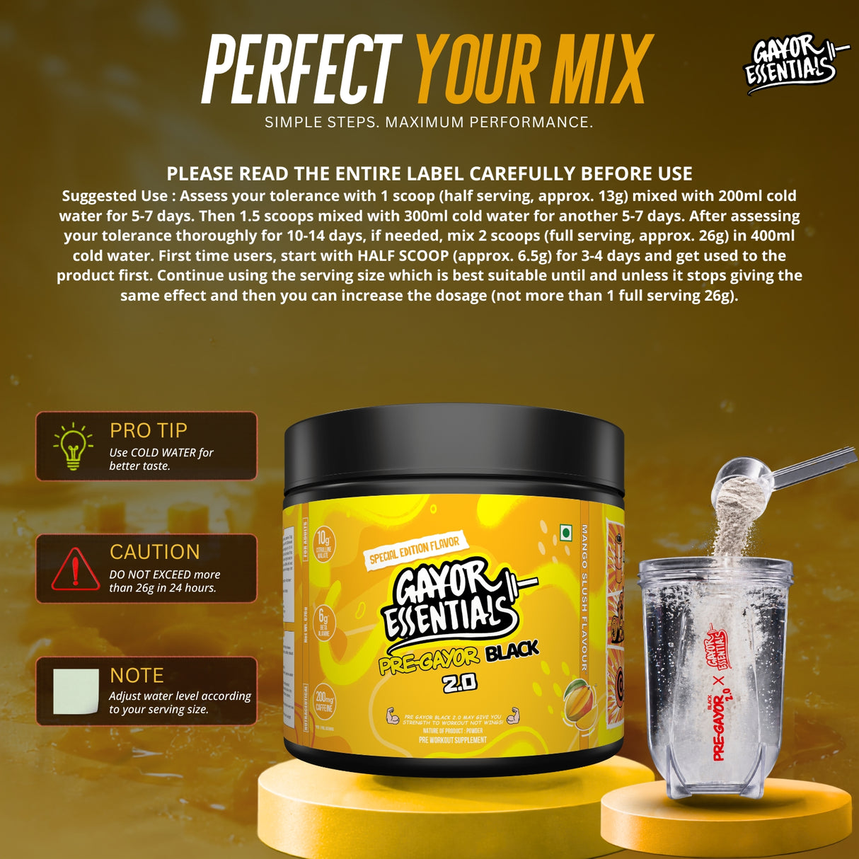 Gayor Essentials Pre Gayor Black 2.0 Pre-Workout Powder 676g | 200mg Caffeine
