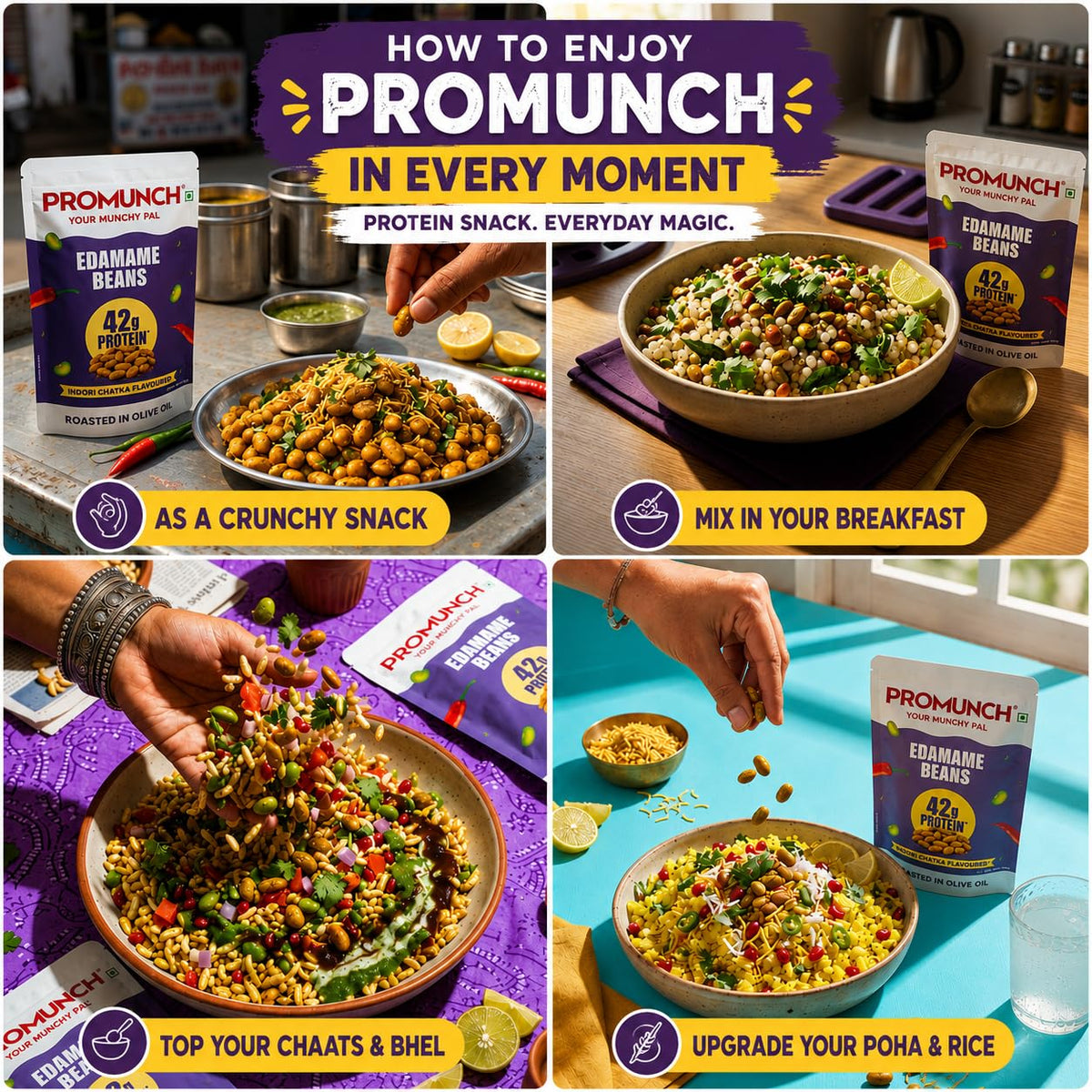 PROMUNCH Roasted Edamame Beans Assorted Combo | 42–45g Protein per 100g | No Added Sugar | 3 x 100g