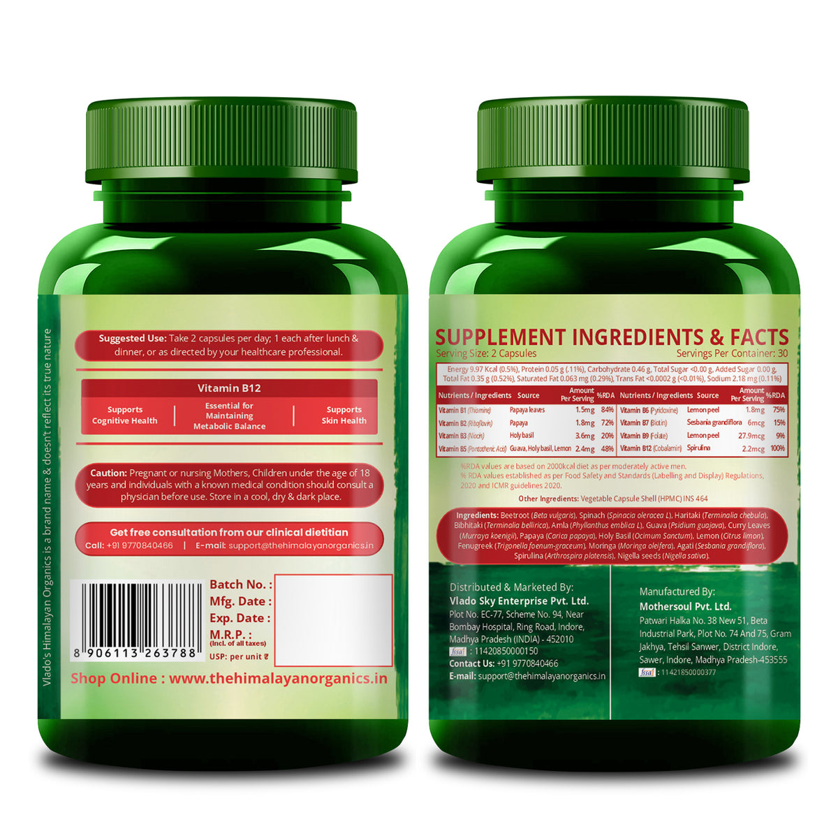Vlado's Himalayan Organics, Vitamin B12 with B1 B2 B3 B5 B6 B7 B9 Moringa - 60 Veg Capsules