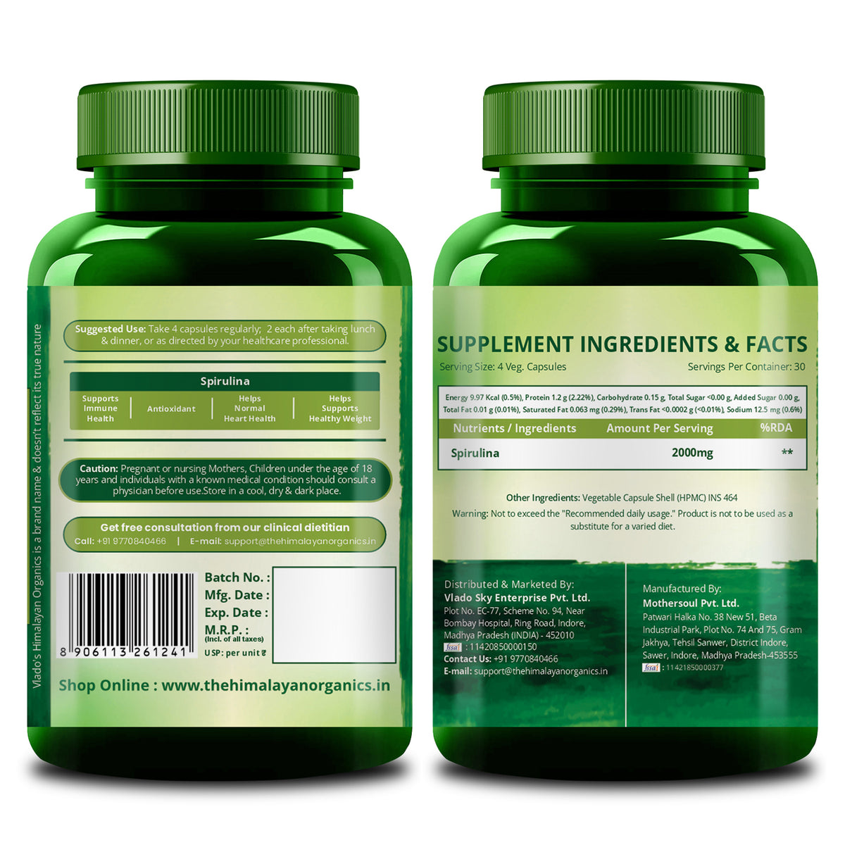 Vlado's Himalayan Organics, Spirulina, 2000mg - 120 Veg Capsules