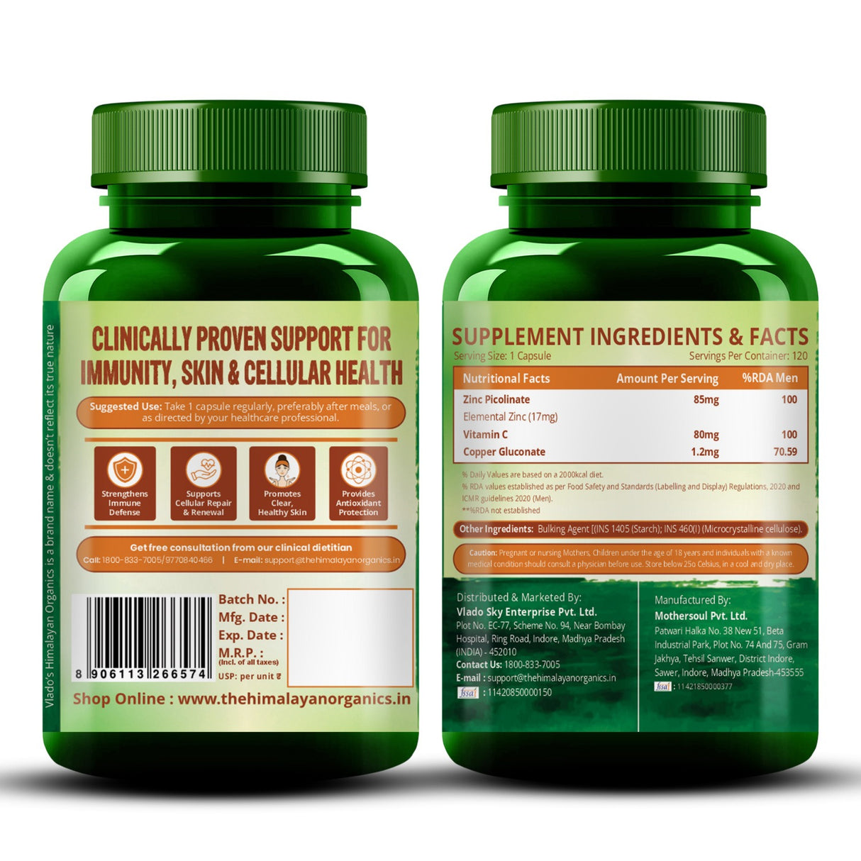 Vlado's Himalayan Organics Zinc Picolinate with Vitamin C & Copper | 120 Capsules | Immunity Support