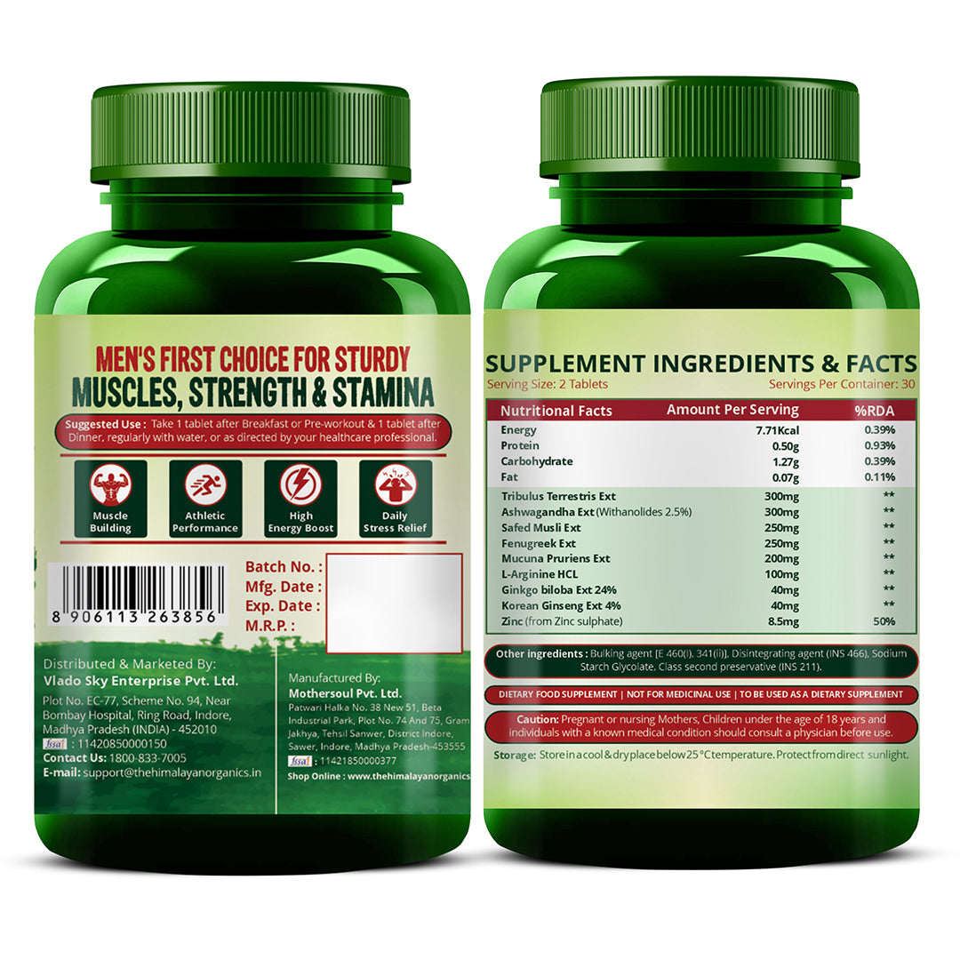 Vlado's Himalayan Organics, Testosterone Booster with Tribulus Ashwagandha Zinc - 60 Veg Tablets