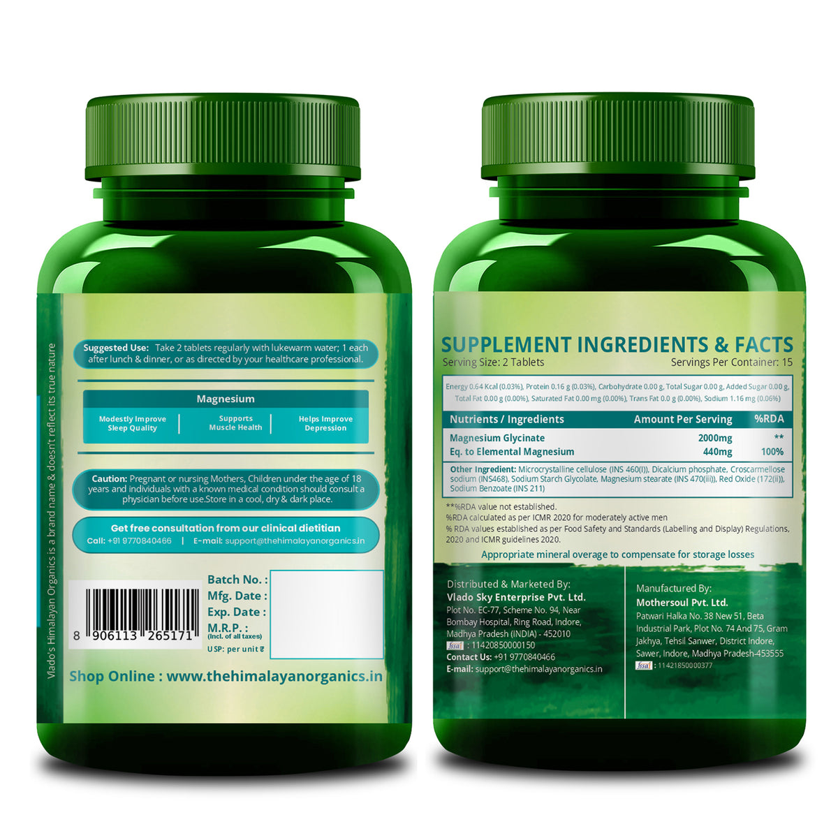 Vlado’s Himalayan Organics Magnesium Glycinate 2000mg | Sleep & Muscle Support | 30 Tabs