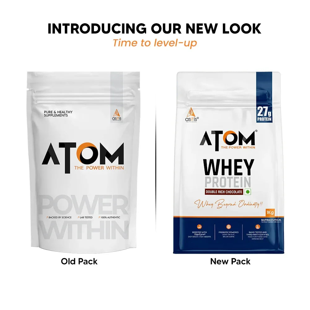 AS-IT-IS Atom Whey Protein with Digestive Enzymes - 2 kg (1 kg x 2) | Buy 2 + Get Atom Shaker Combo
