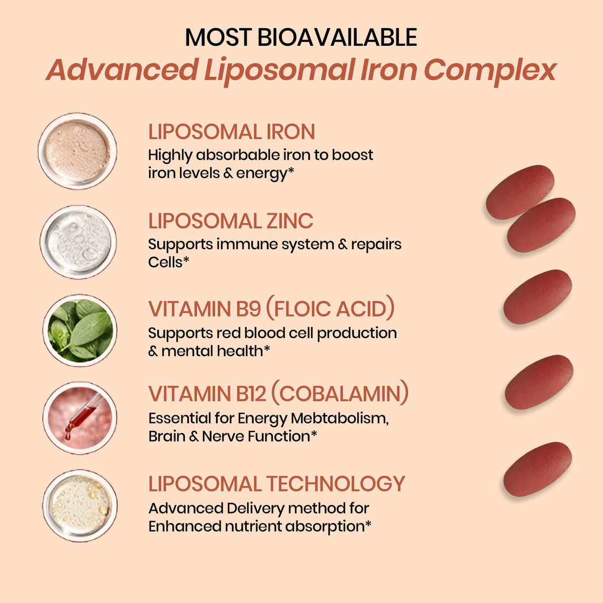 Vlado's Himalayan Organics Liposomal Iron + Vitamin C Folic Acid, B12 & Zinc | 100 Veg Tablets
