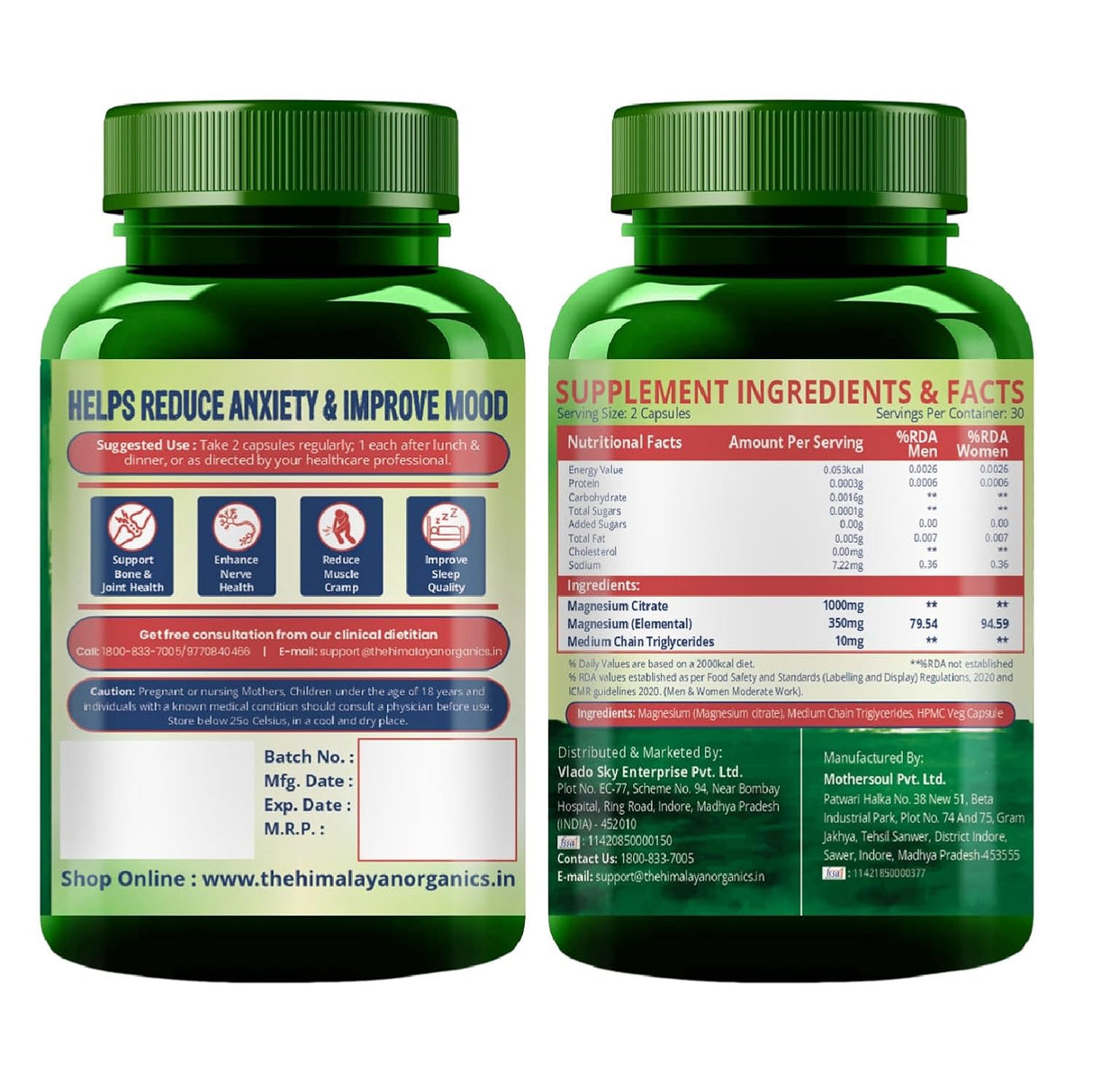Vlado's Himalayan Organics Magnesium Citrate 1000mg | 60 Veg Capsules | Muscle Relaxation & Sleep Support