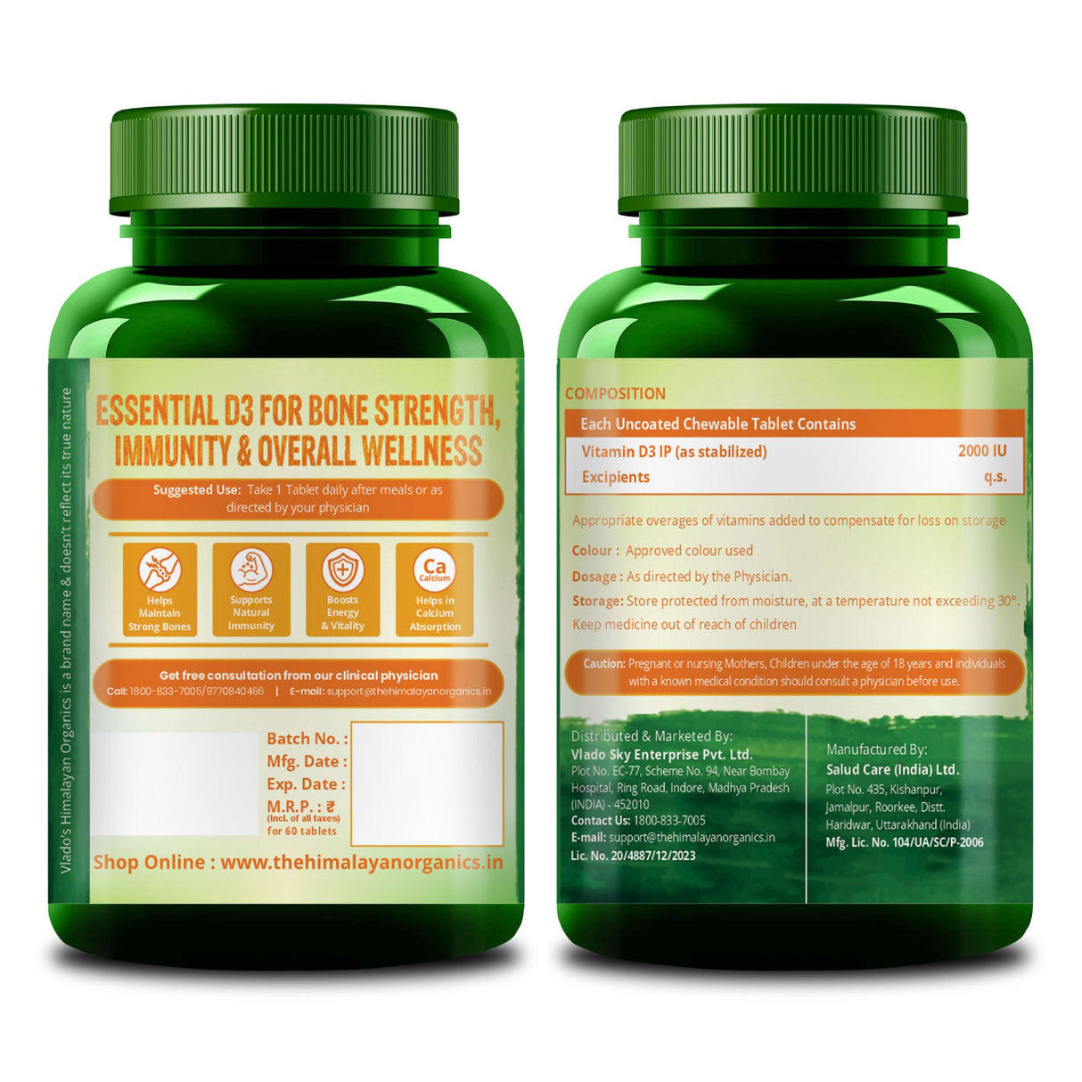 Vlado's Himalayan Organics Vitamin D3 2000 IU Chewable Tablets | 60 Tablets | Bone & Immunity Support