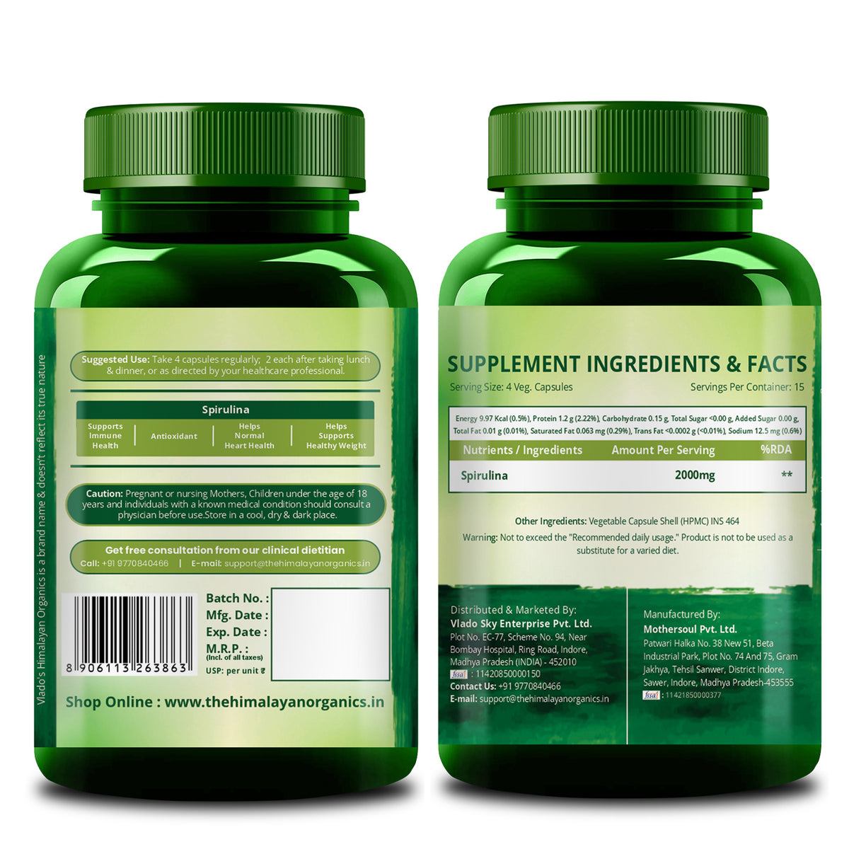 Vlado's Himalayan Organics, Spirulina, 2000mg - 60 Veg Capsules