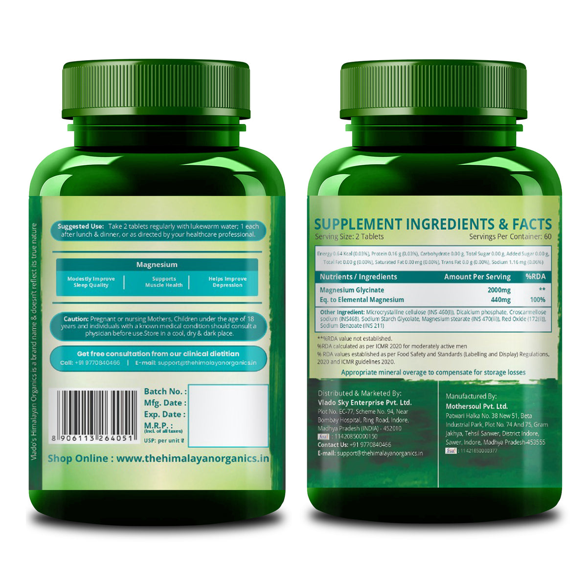 Vlado's Himalayan Organics, Chelated Magnesium Glycinate, 2000mg - 120 Veg Tablets