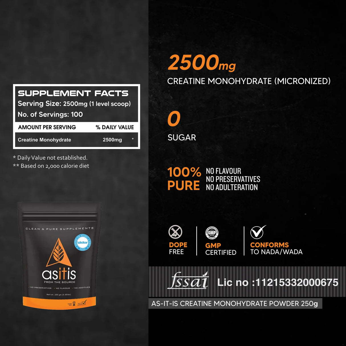 AS-IT-IS Nutrition Pure Creatine Monohydrate 250 Gms
