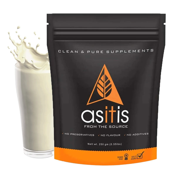 Shop AS-IT-IS whey protein 250g pouch with glass of milk at Nutristar health supplement store