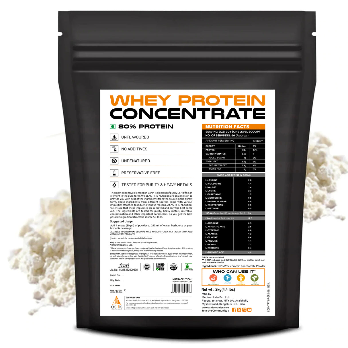 AS-IT-IS Nutrition Raw Whey Protein Concentrate 80% Unflavoured, 2 Kg