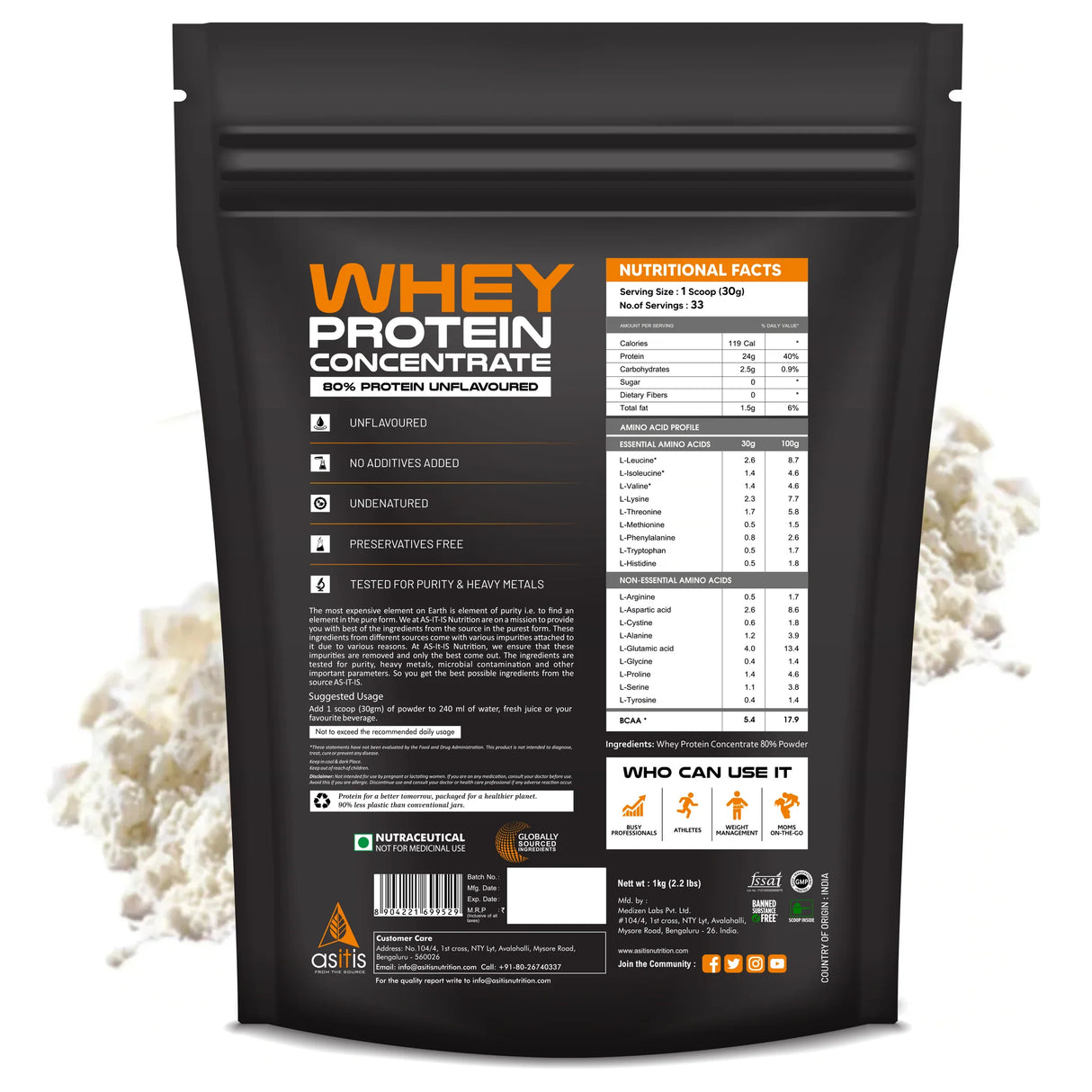AS-IT-IS Nutrition Raw Whey Protein Concentrate 80% Unflavoured 1 kg