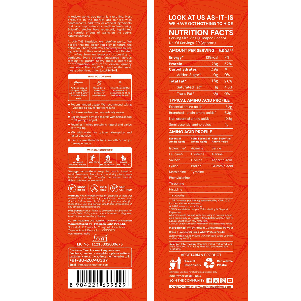 AS-IT-IS Nutrition Raw Whey Protein Concentrate 80% Unflavoured 1 kg