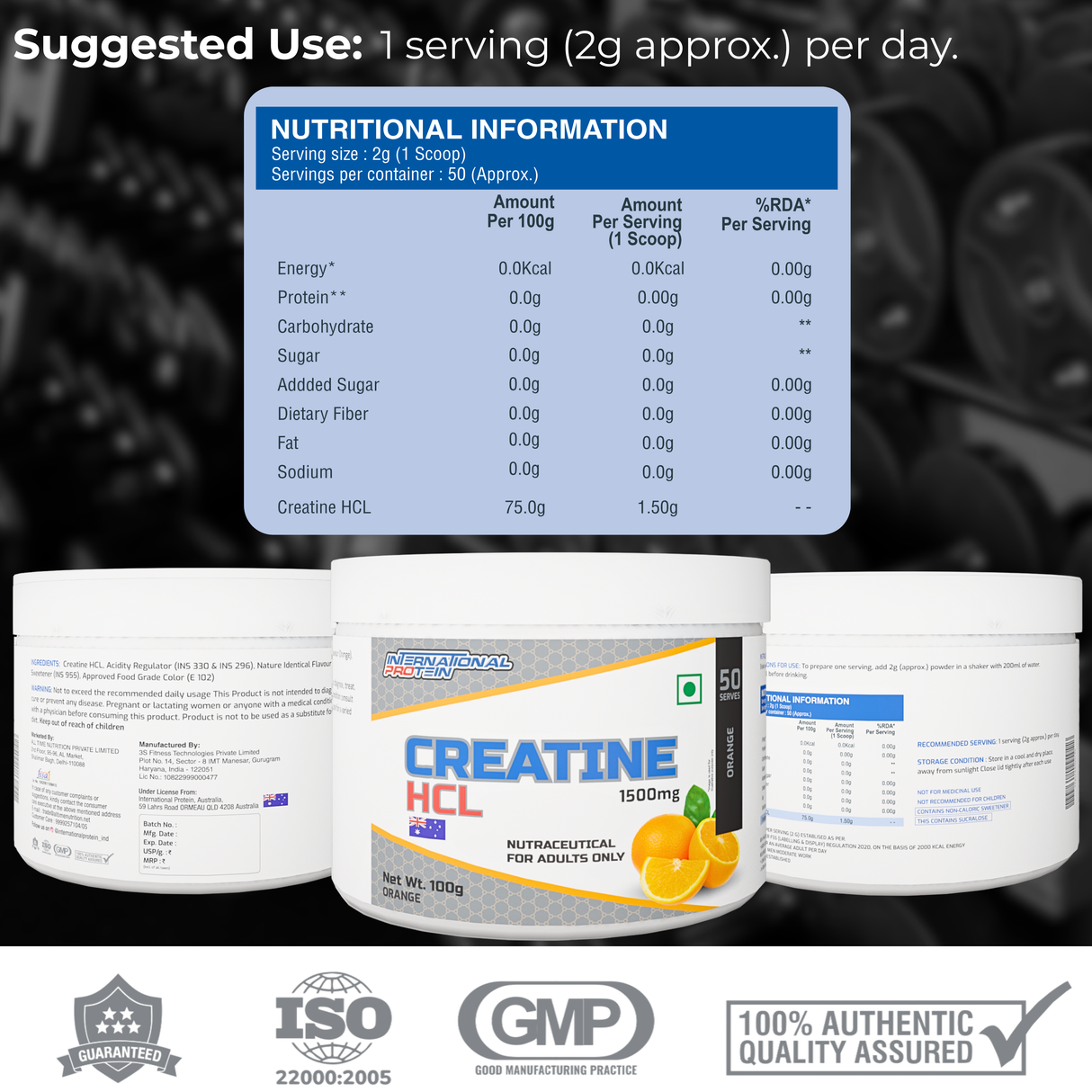 International Protein Creatine HCL 100g - 80 Servings